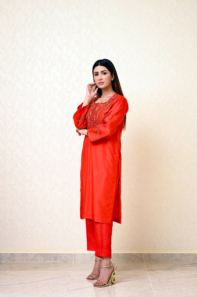 Chinese Embossed Silk Suit with Embroidered Neck & Sleeves and Pure Chiffon Tie-Dye Dupatta