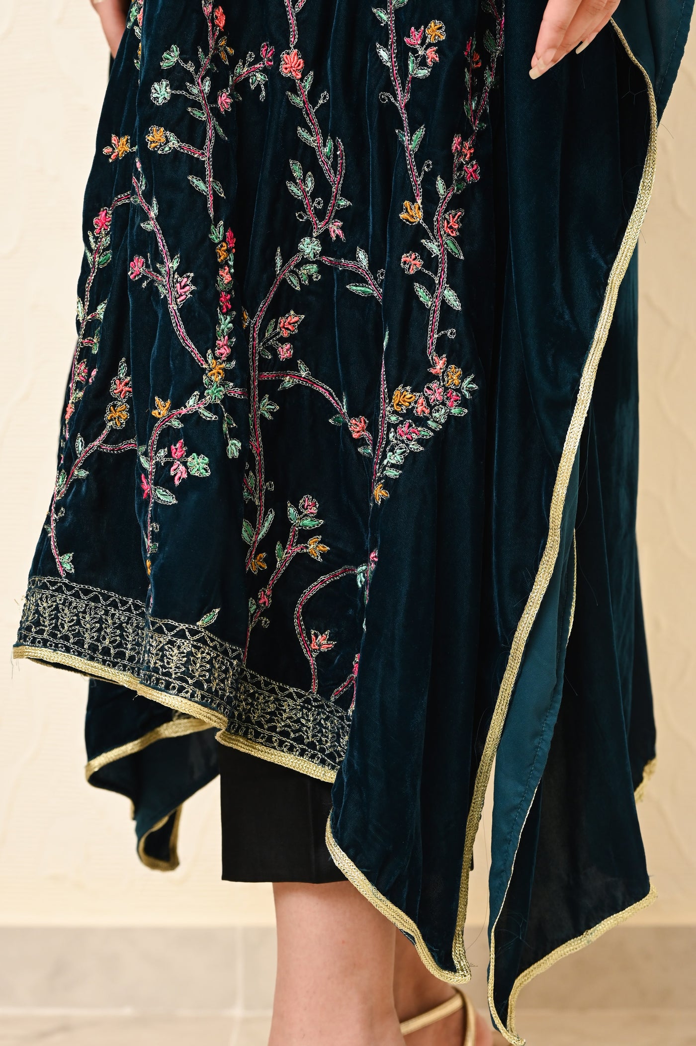 Moss Green Velvet Kaftan with Full Jaal Kashmiri Embroidery