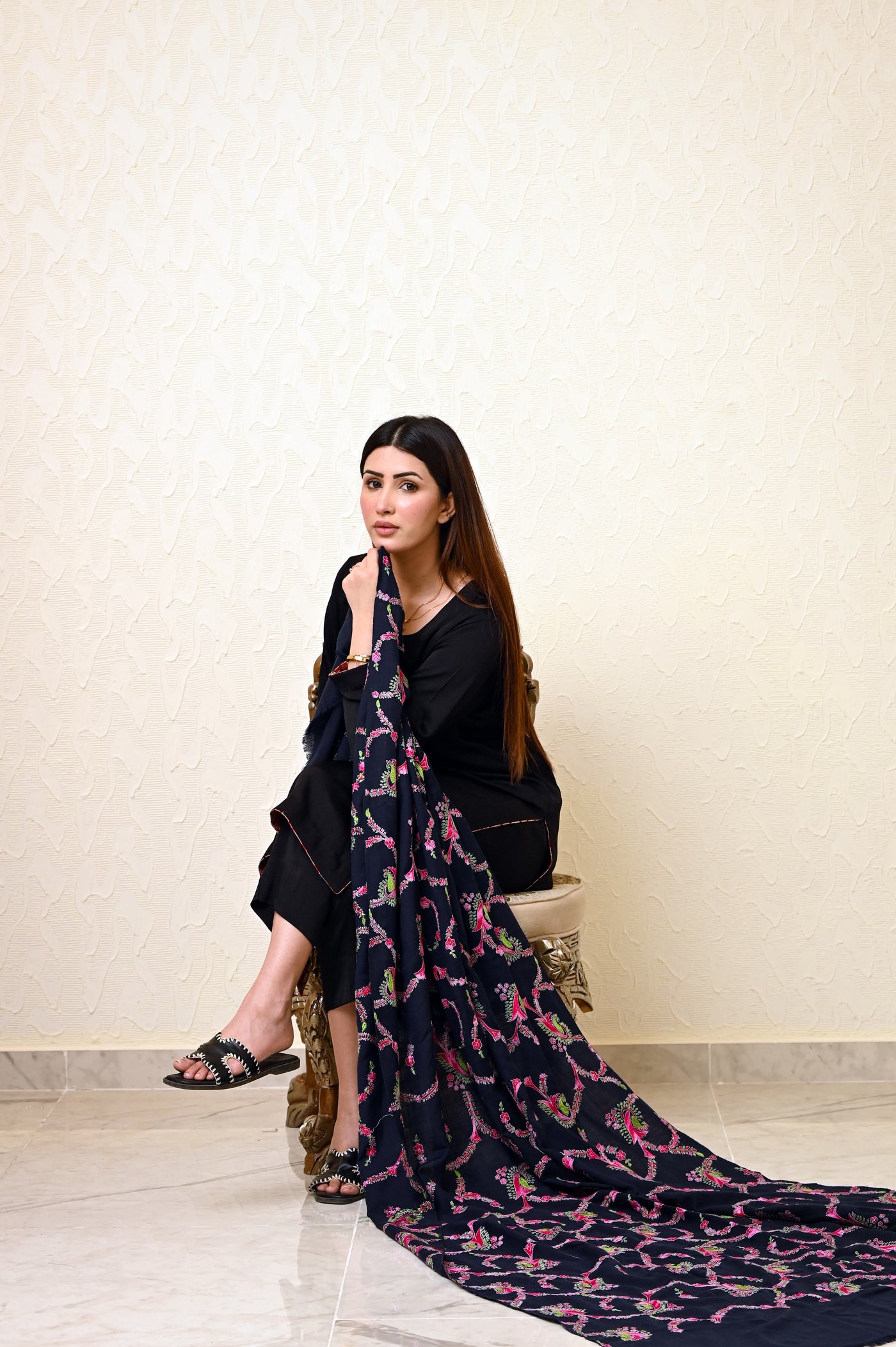 Navy Blue Kashmiri Jaal Work Shawl