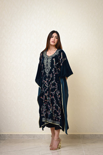 Moss Green Velvet Kaftan with Full Jaal Kashmiri Embroidery