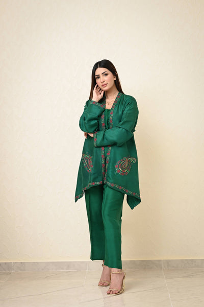 Pure Raw Silk 3-Piece Suit with Kashmiri Hand Embroidered Shrug