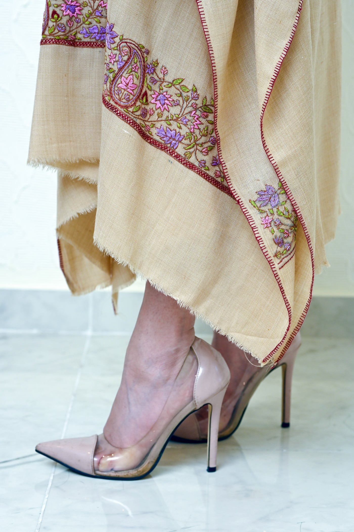 Beige Pashmina Kaftan with Kashmiri Embroidery