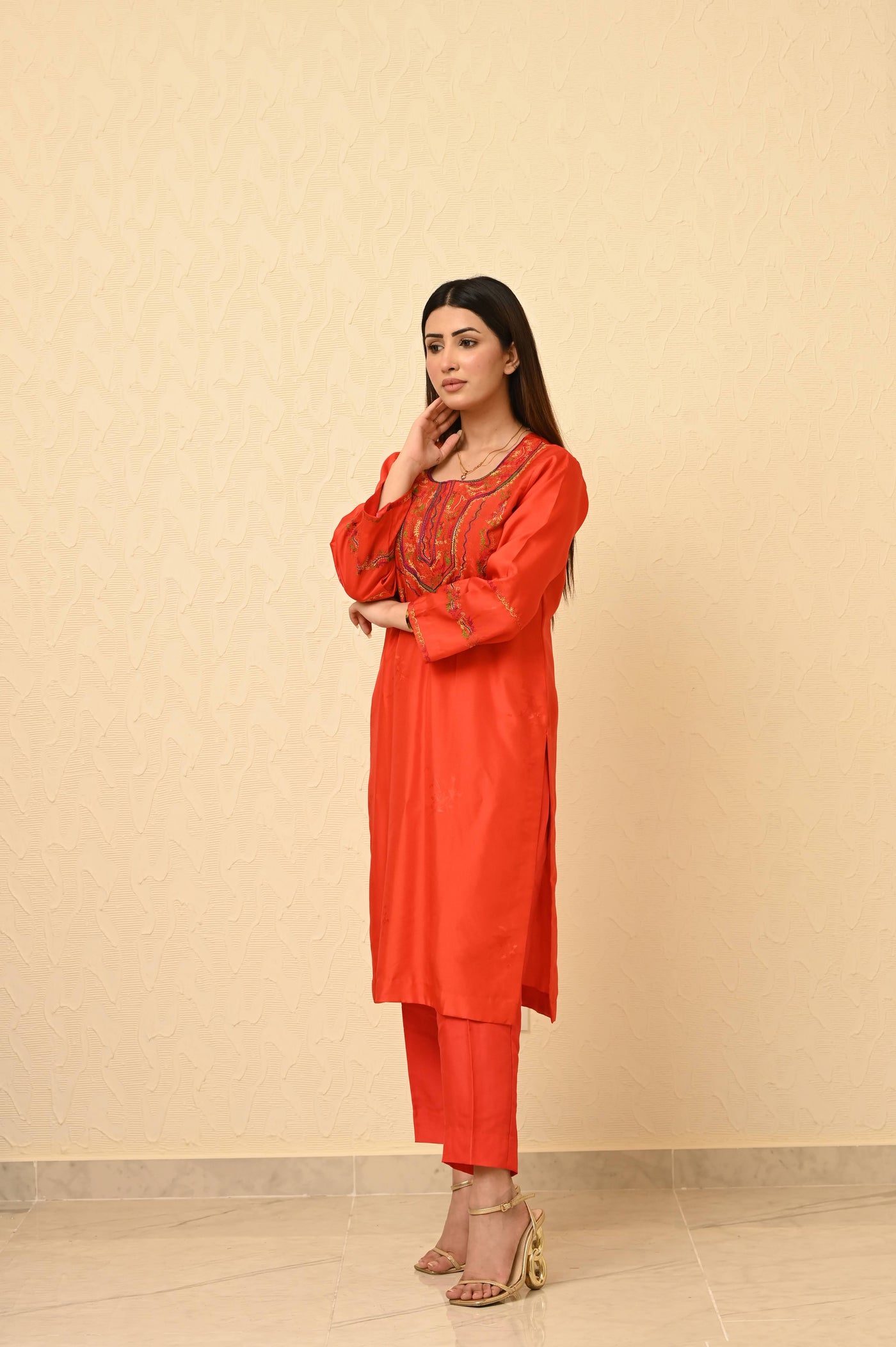 Chinese Embossed Silk Suit with Embroidered Neck & Sleeves and Pure Chiffon Tie-Dye Dupatta