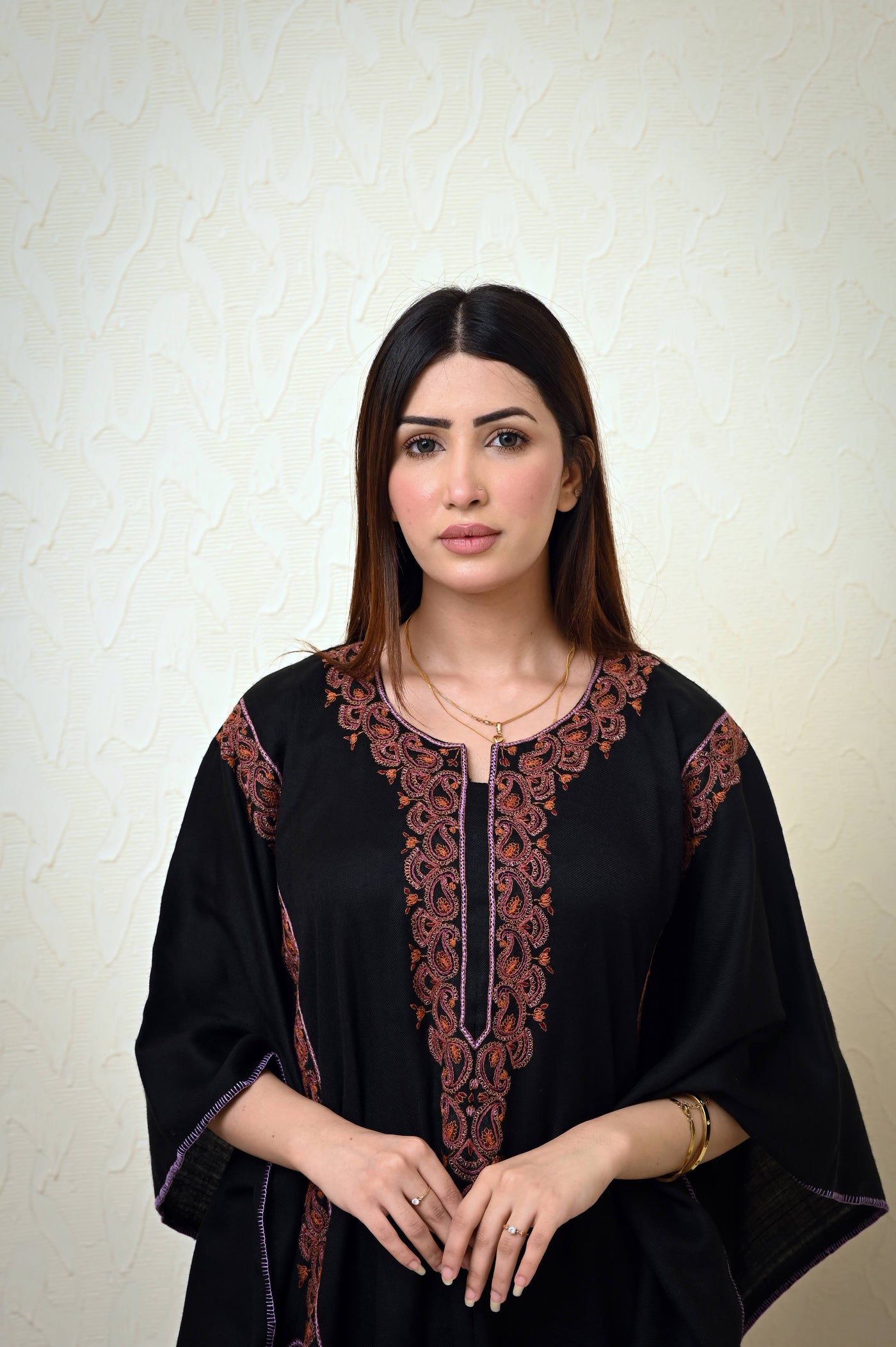 Black Pashmina Kaftan with Heavy Kashmiri Embroidery