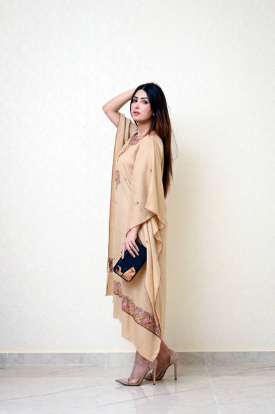Beige Pashmina Kaftan with Kashmiri Embroidery