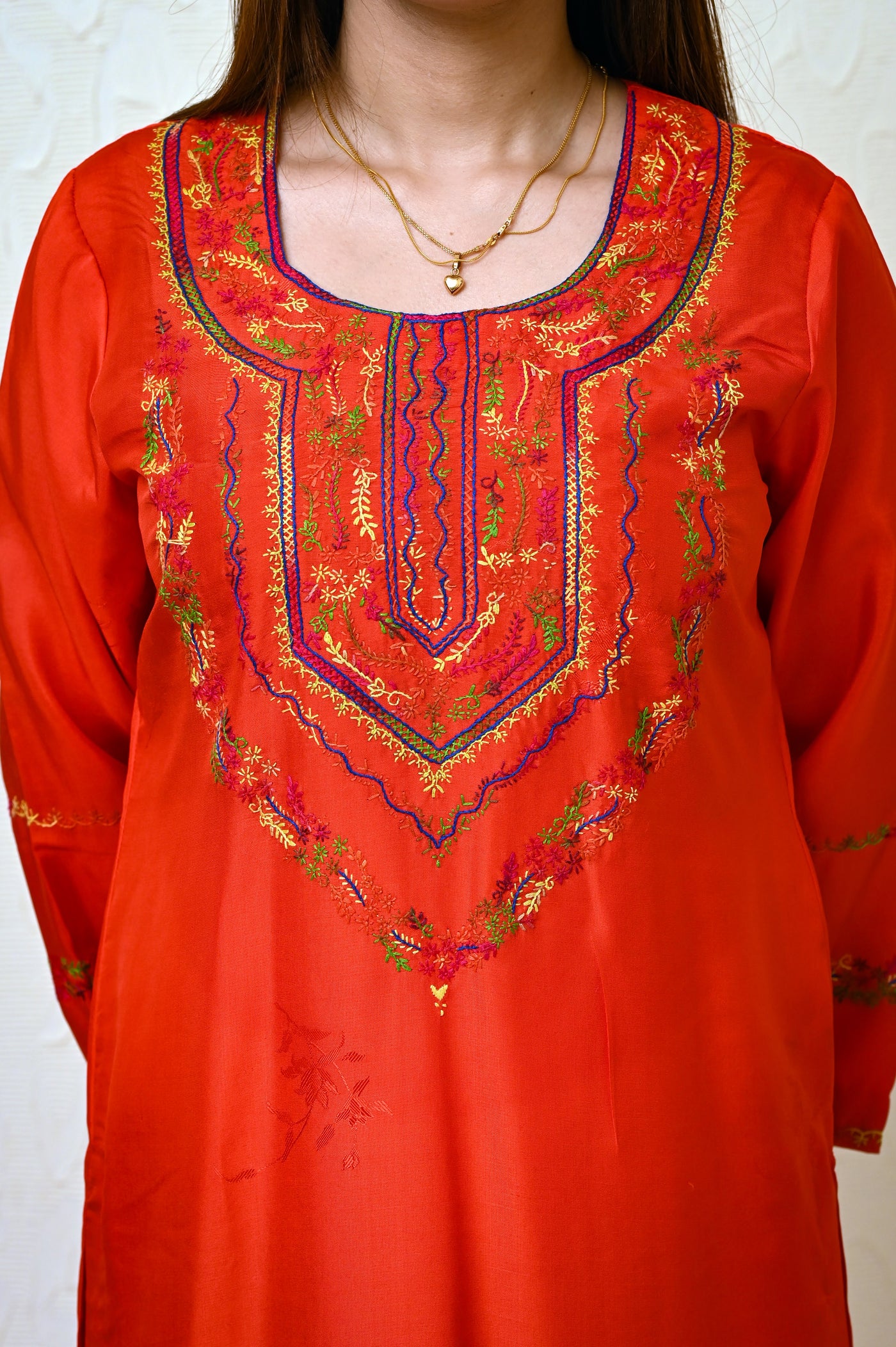 Chinese Embossed Silk Suit with Embroidered Neck & Sleeves and Pure Chiffon Tie-Dye Dupatta