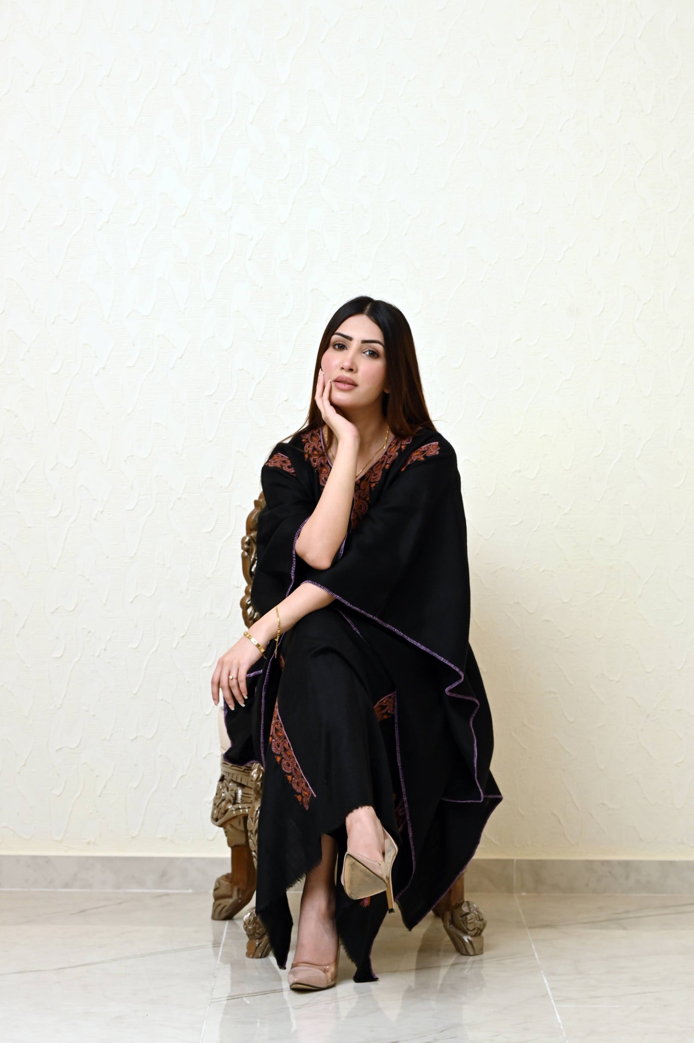 Black Pashmina Kaftan with Heavy Kashmiri Embroidery