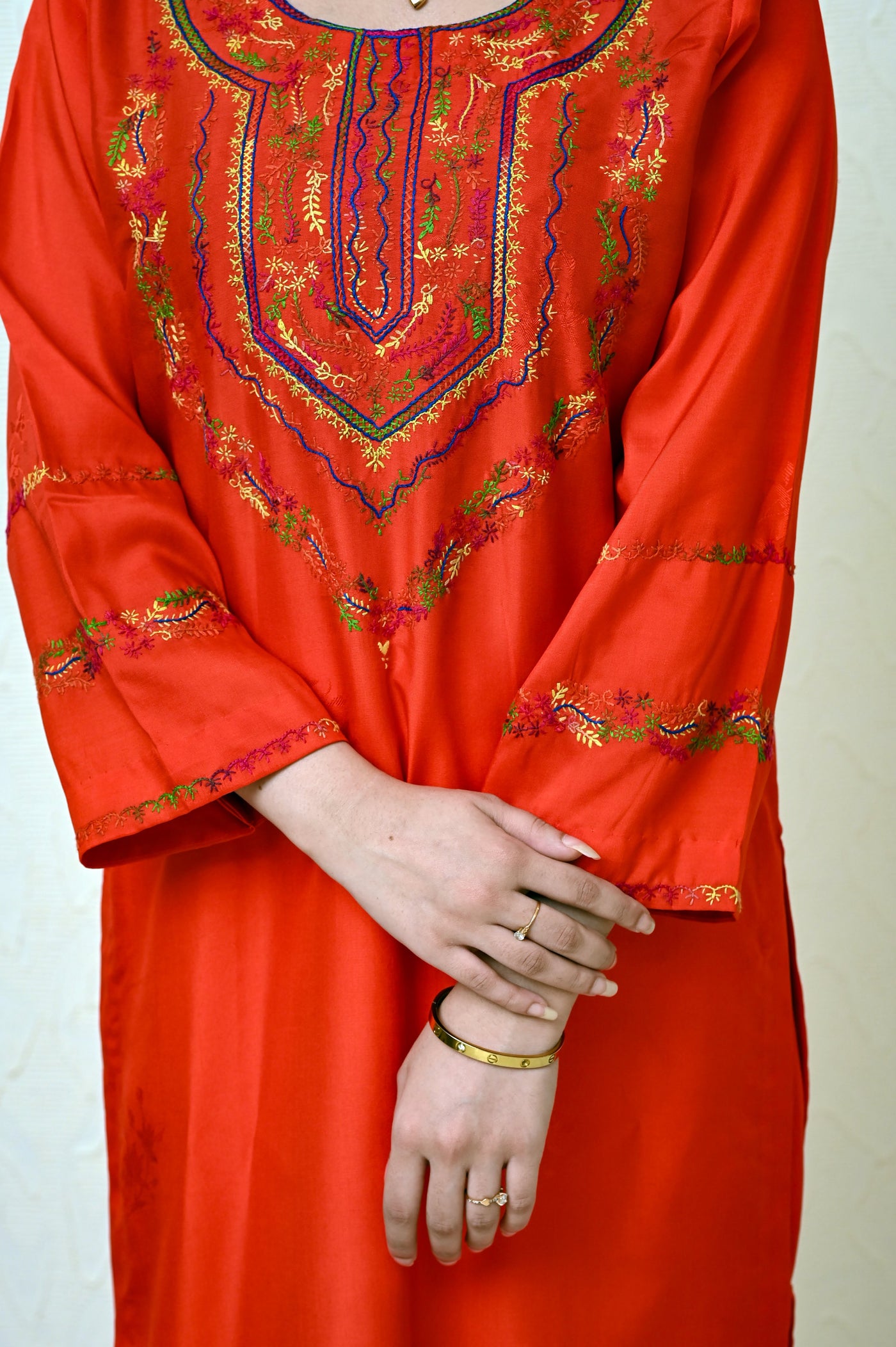 Chinese Embossed Silk Suit with Embroidered Neck & Sleeves and Pure Chiffon Tie-Dye Dupatta