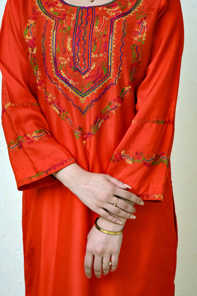 Chinese Embossed Silk Suit with Embroidered Neck & Sleeves and Pure Chiffon Tie-Dye Dupatta