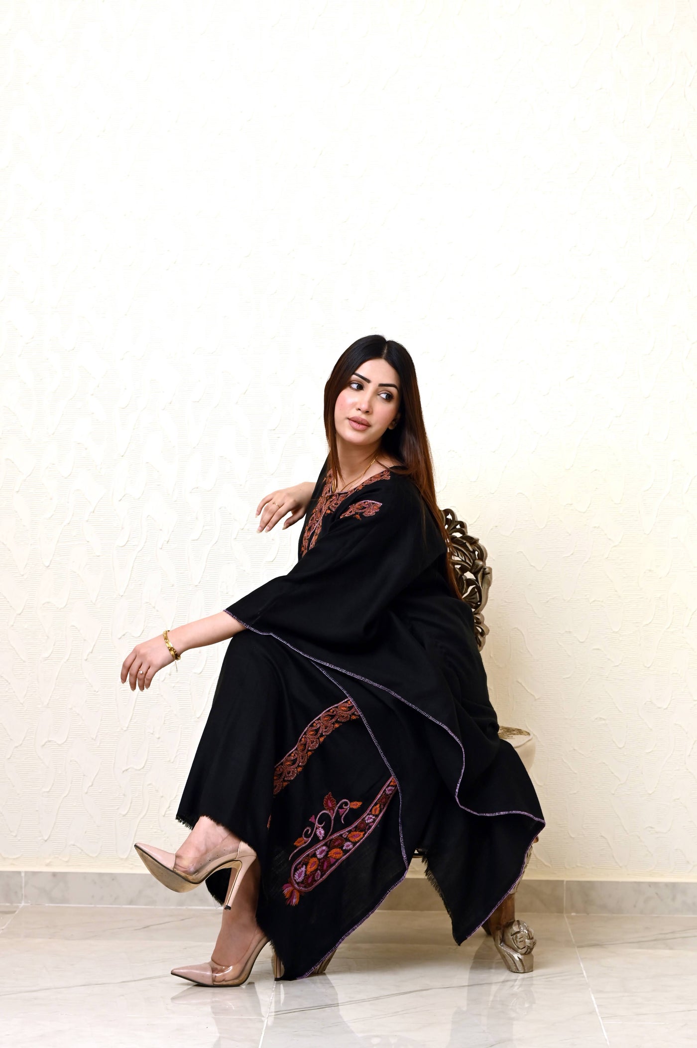 Black Pashmina Kaftan with Heavy Kashmiri Embroidery