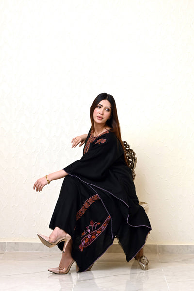 Black Pashmina Kaftan with Heavy Kashmiri Embroidery