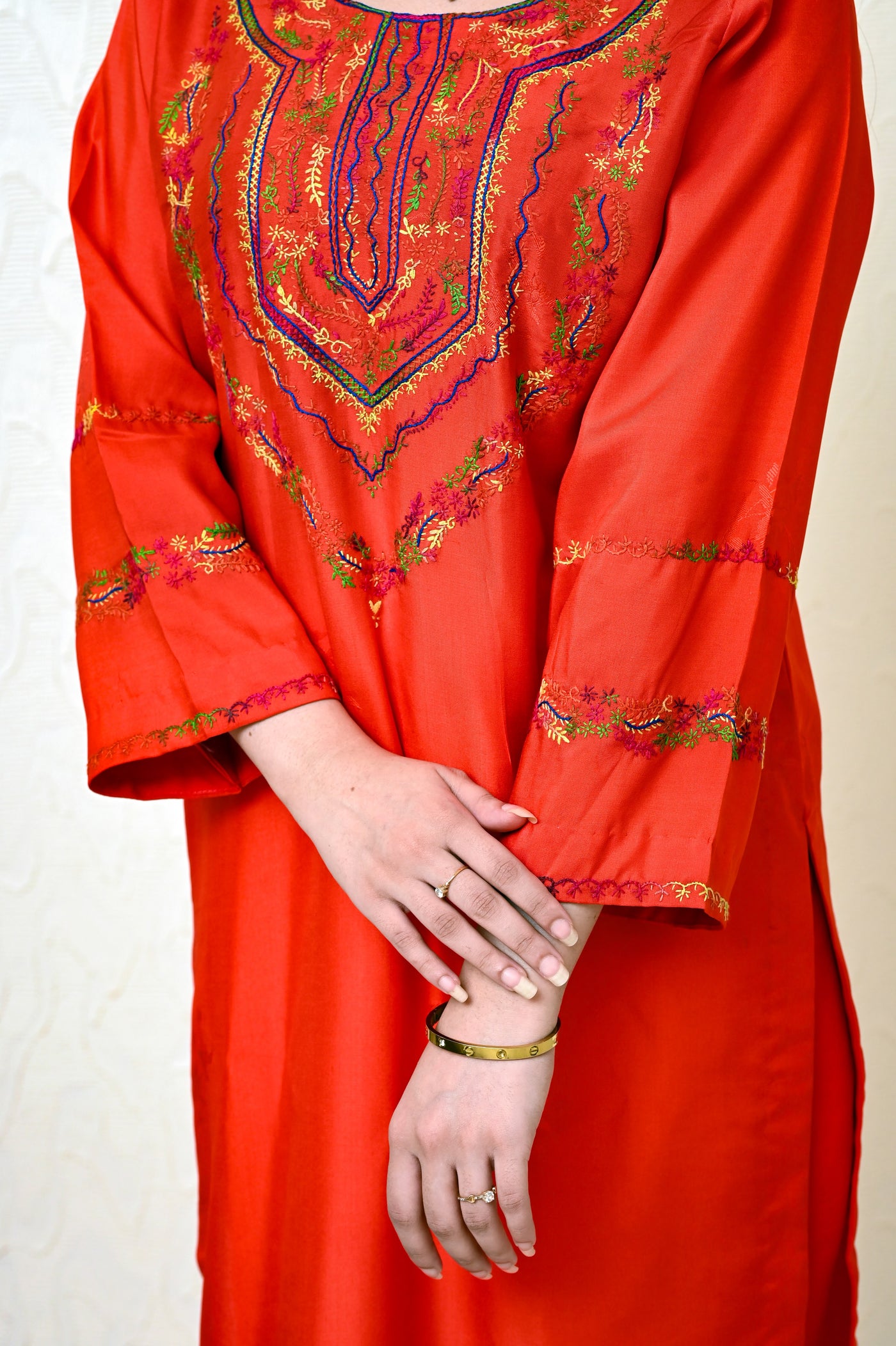 Chinese Embossed Silk Suit with Embroidered Neck & Sleeves and Pure Chiffon Tie-Dye Dupatta