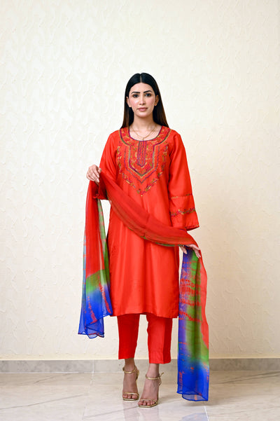 Chinese Embossed Silk Suit with Embroidered Neck & Sleeves and Pure Chiffon Tie-Dye Dupatta