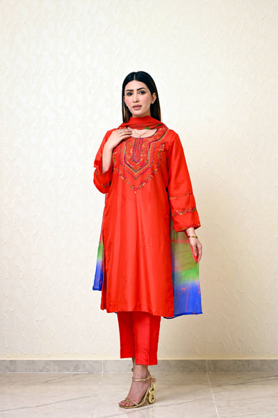 Chinese Embossed Silk Suit with Embroidered Neck & Sleeves and Pure Chiffon Tie-Dye Dupatta