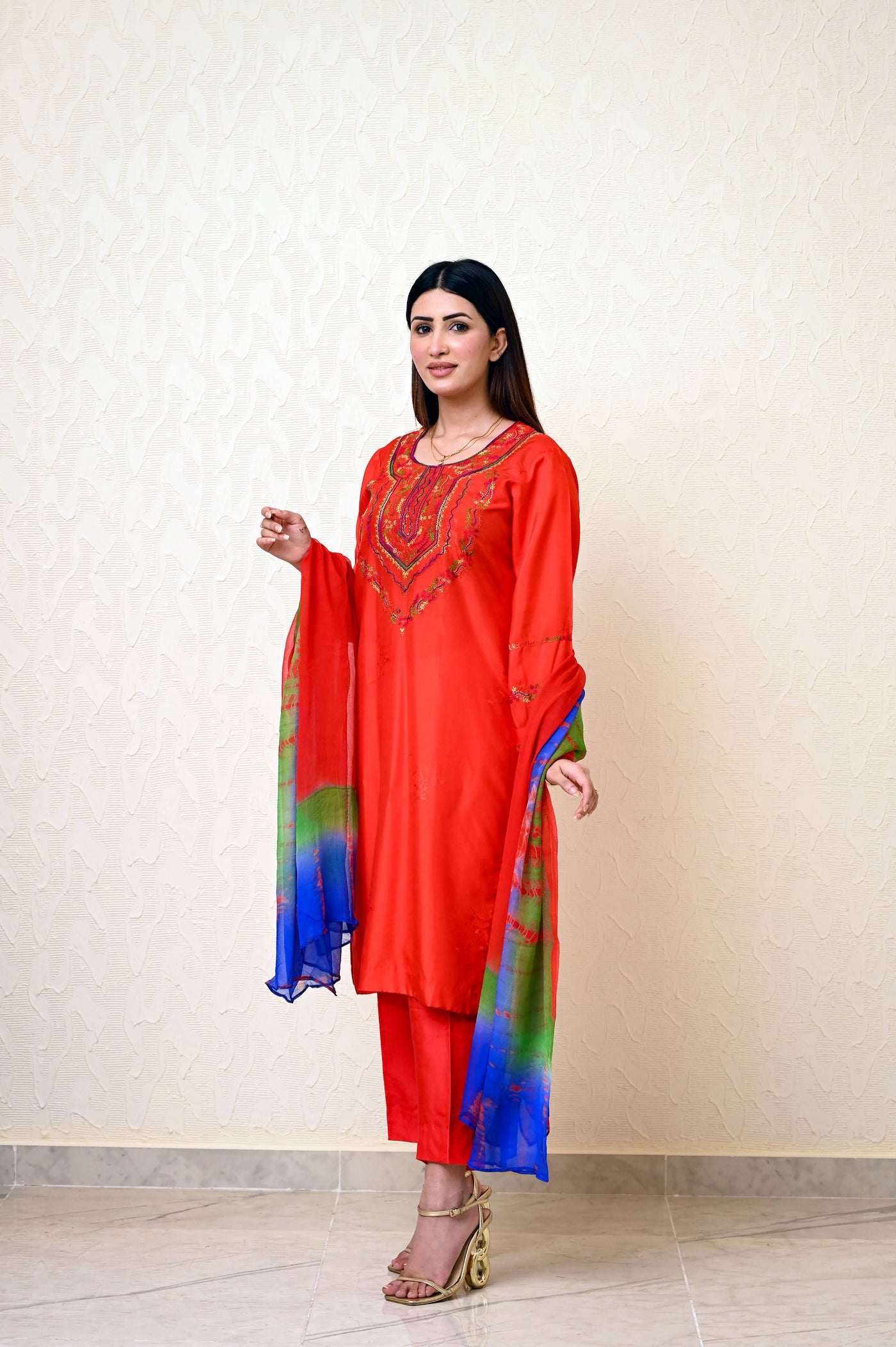 Chinese Embossed Silk Suit with Embroidered Neck & Sleeves and Pure Chiffon Tie-Dye Dupatta