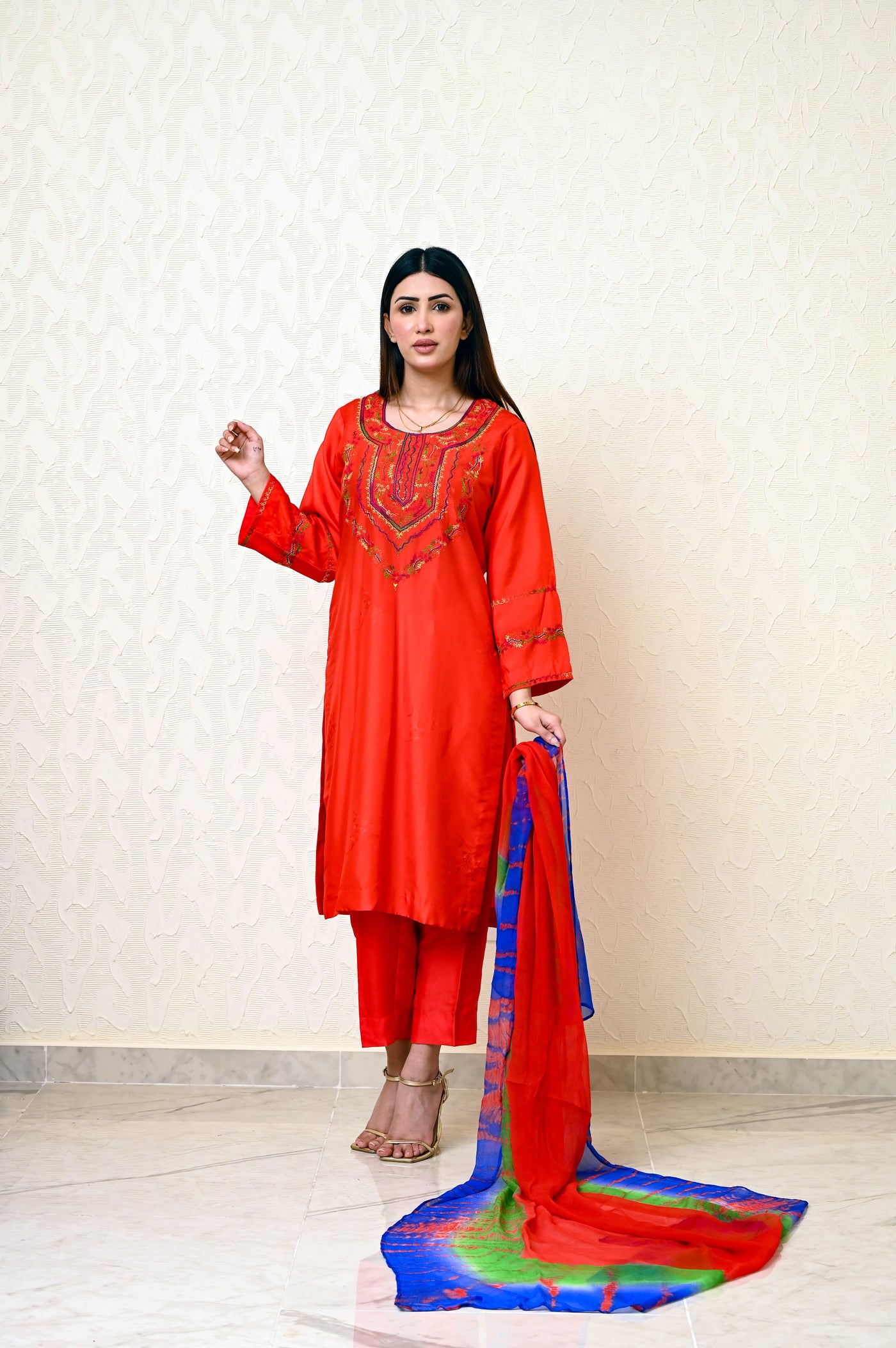 Chinese Embossed Silk Suit with Embroidered Neck & Sleeves and Pure Chiffon Tie-Dye Dupatta