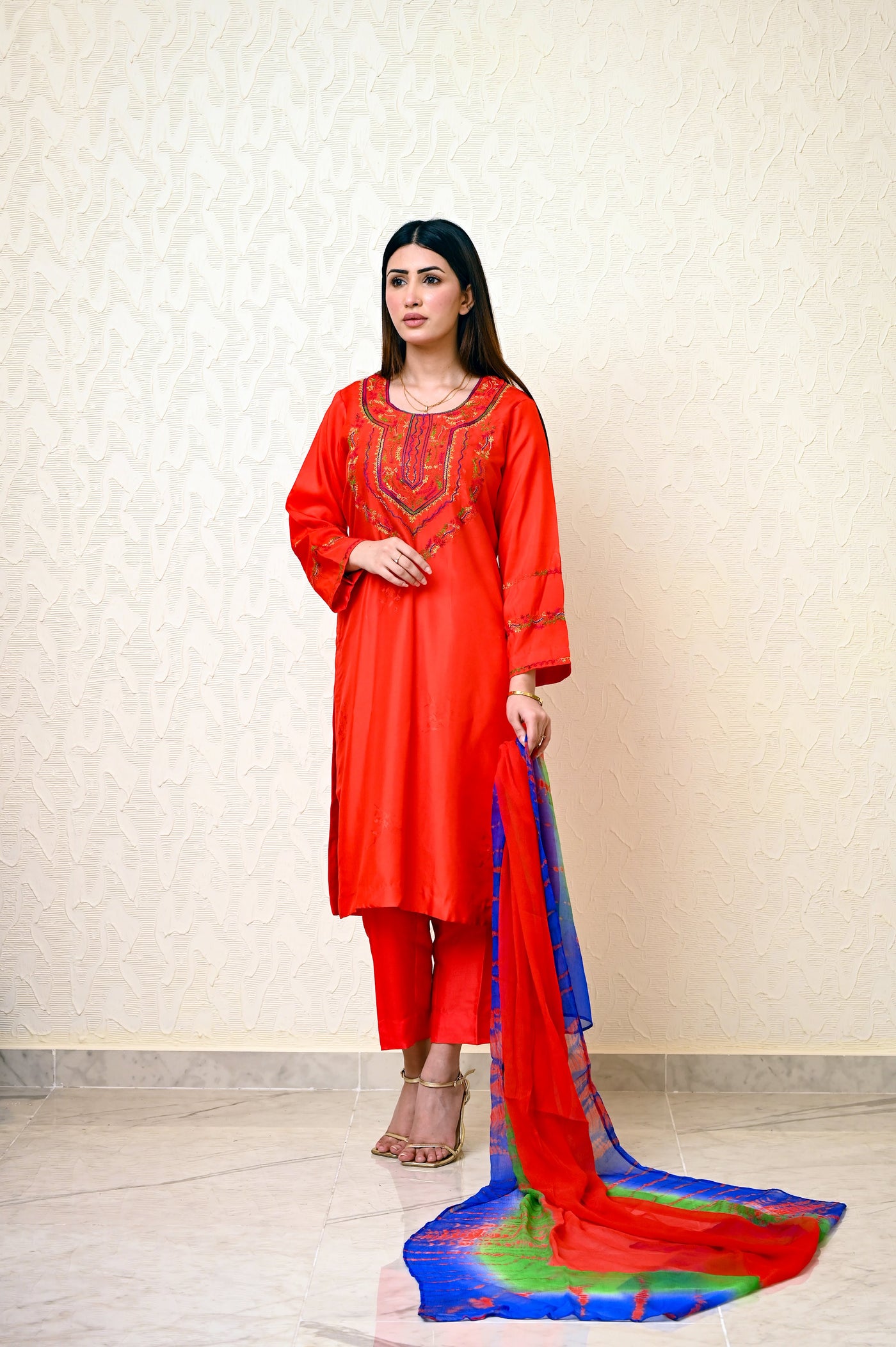 Chinese Embossed Silk Suit with Embroidered Neck & Sleeves and Pure Chiffon Tie-Dye Dupatta