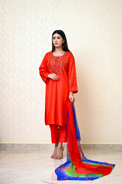 Chinese Embossed Silk Suit with Embroidered Neck & Sleeves and Pure Chiffon Tie-Dye Dupatta