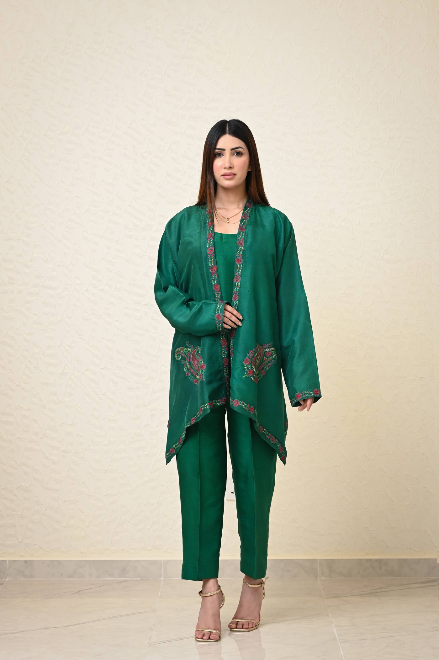 Pure Raw Silk 3-Piece Suit with Kashmiri Hand Embroidered Shrug