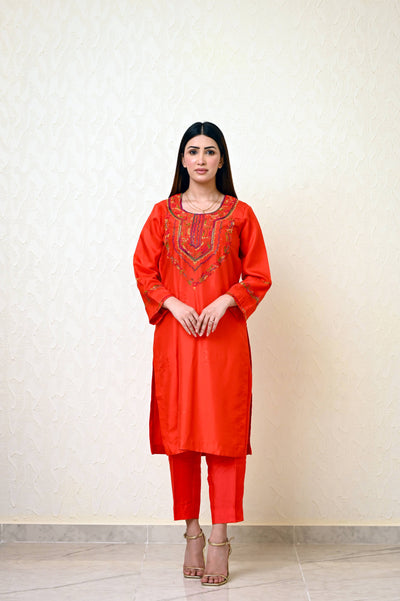 Chinese Embossed Silk Suit with Embroidered Neck & Sleeves and Pure Chiffon Tie-Dye Dupatta