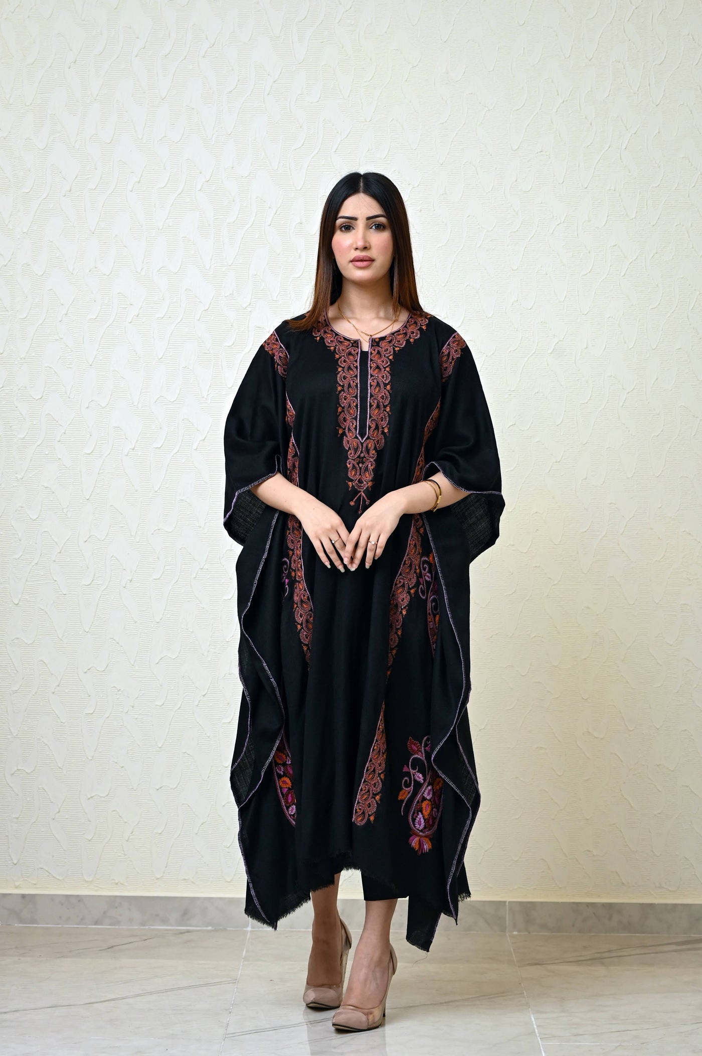 Black Pashmina Kaftan with Heavy Kashmiri Embroidery