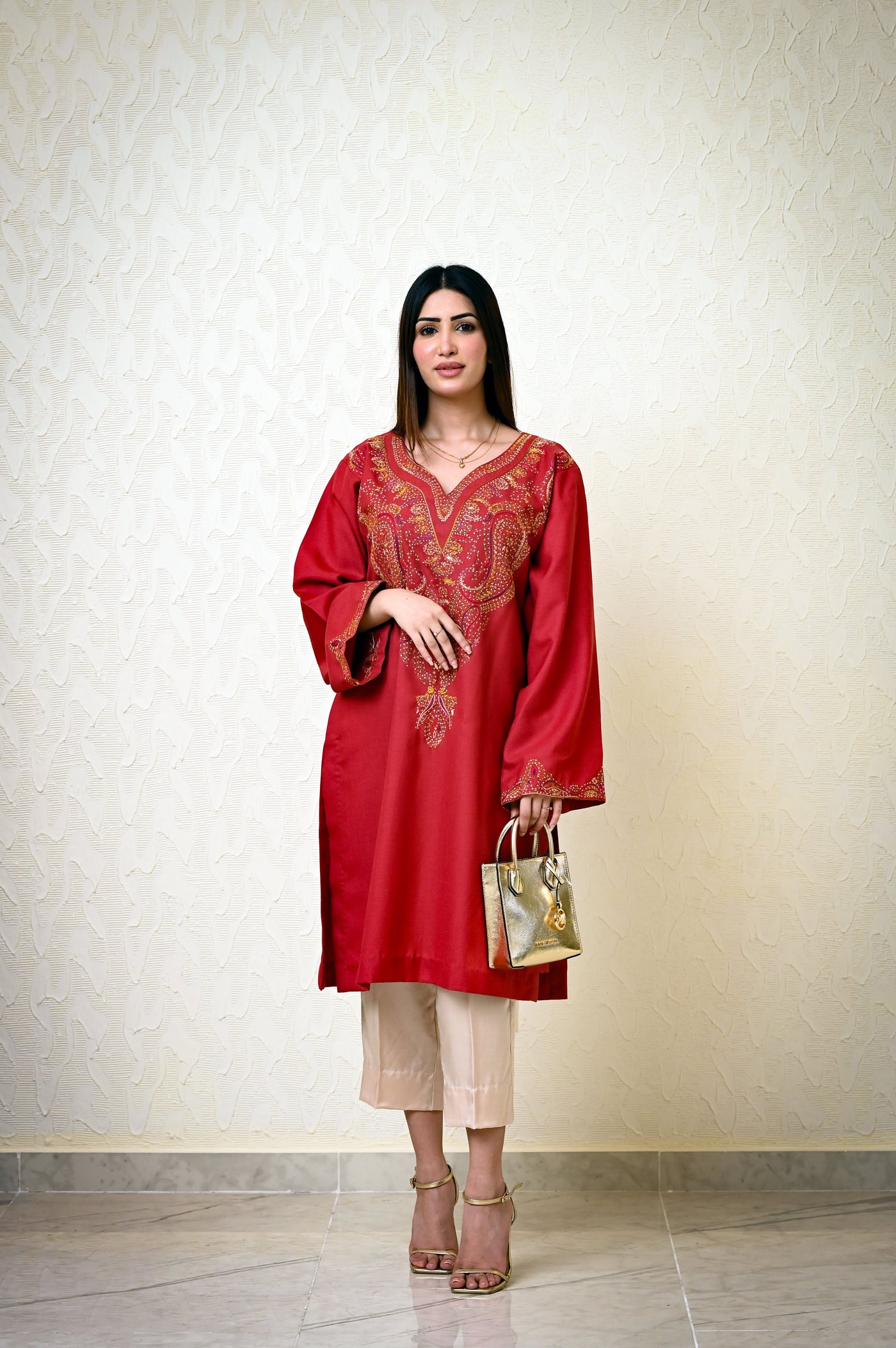 Rust Marina Kashmiri Feran with Heavy Neck Embroidery