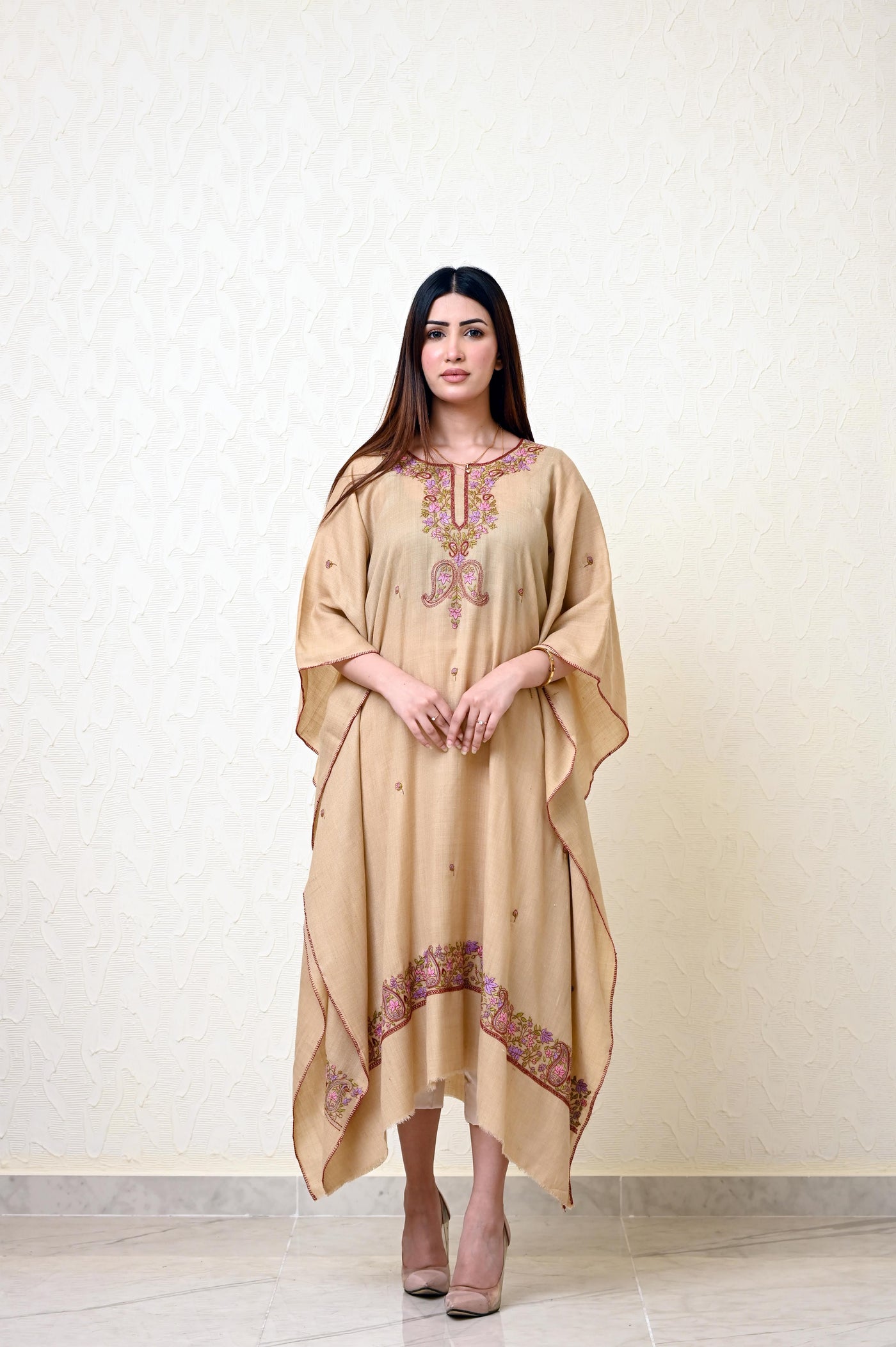 Beige Pashmina Kaftan with Kashmiri Embroidery