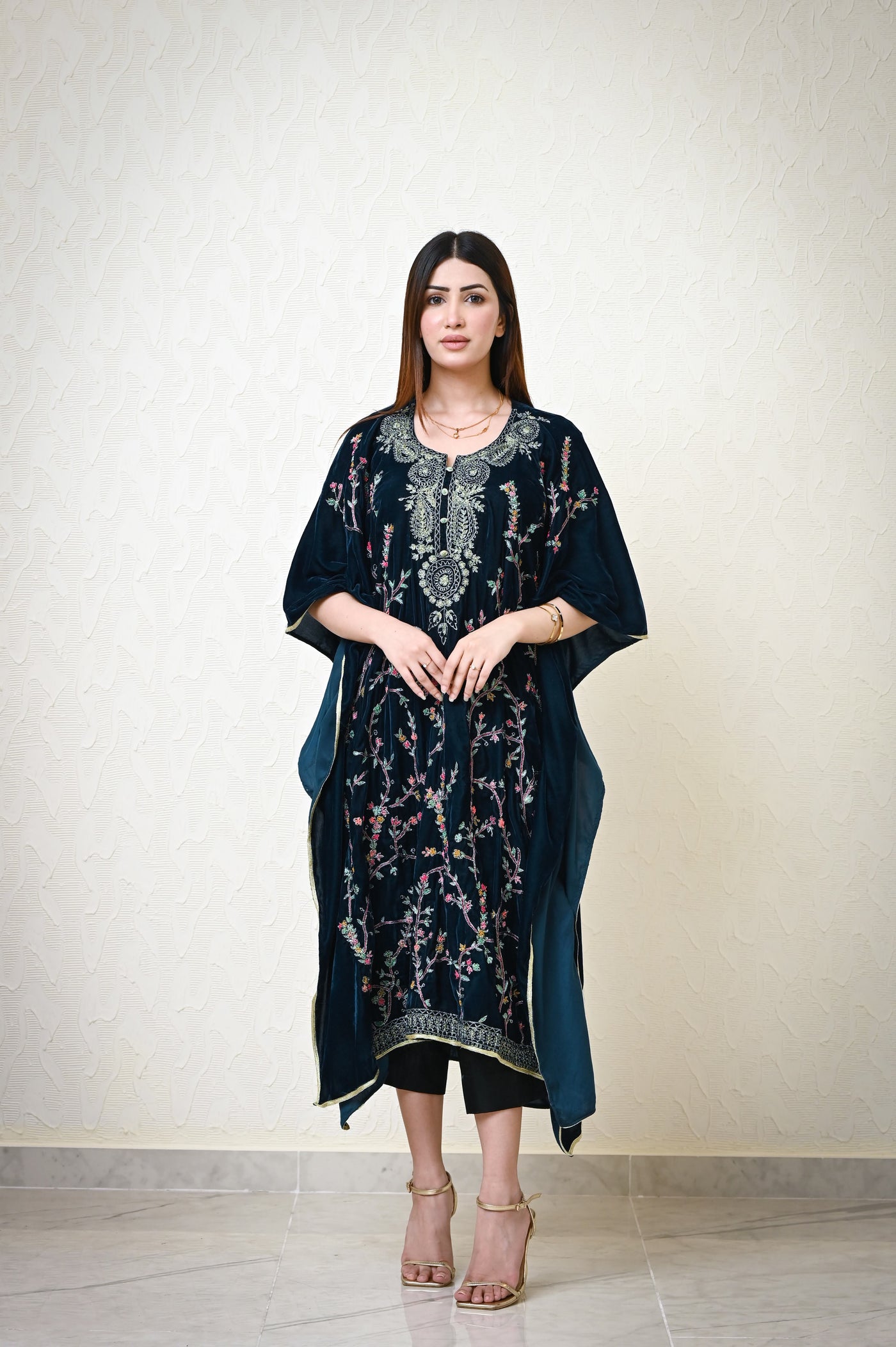 Moss Green Velvet Kaftan with Full Jaal Kashmiri Embroidery