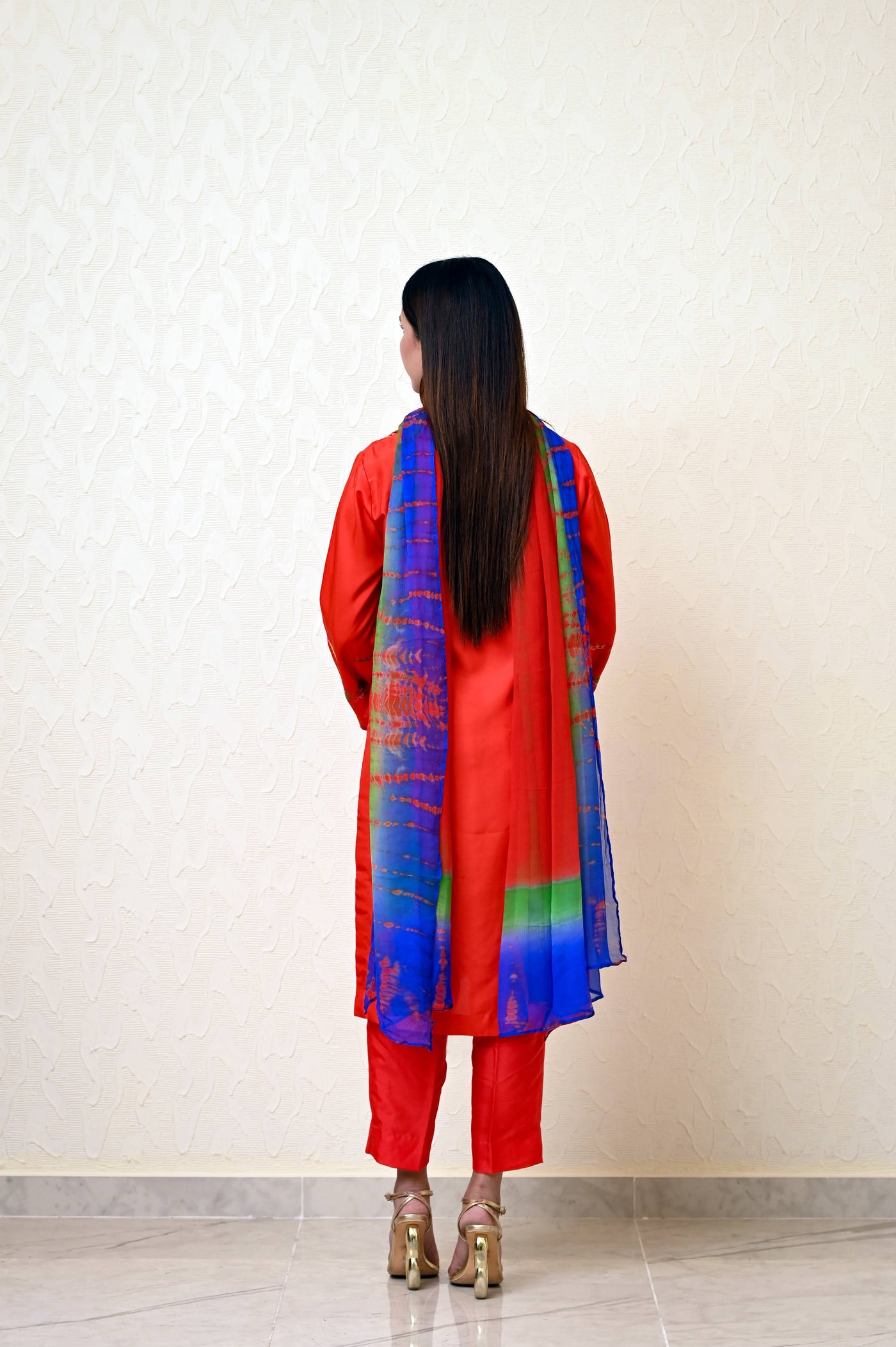 Chinese Embossed Silk Suit with Embroidered Neck & Sleeves and Pure Chiffon Tie-Dye Dupatta
