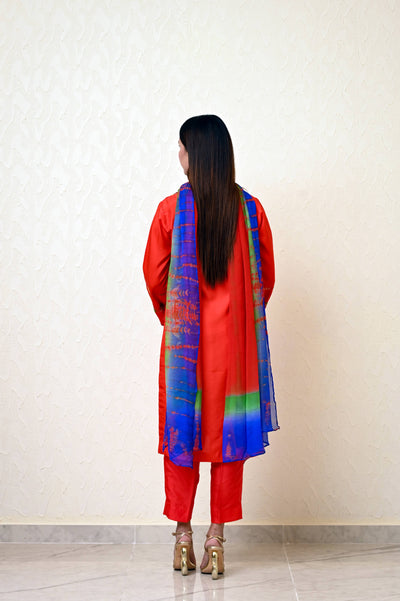 Chinese Embossed Silk Suit with Embroidered Neck & Sleeves and Pure Chiffon Tie-Dye Dupatta
