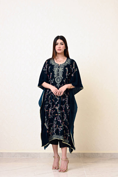 Moss Green Velvet Kaftan with Full Jaal Kashmiri Embroidery