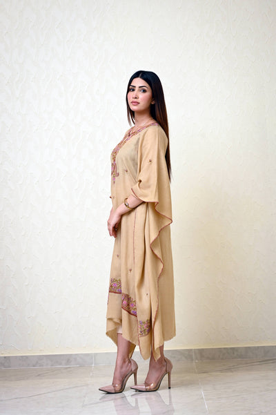 Beige Pashmina Kaftan with Kashmiri Embroidery