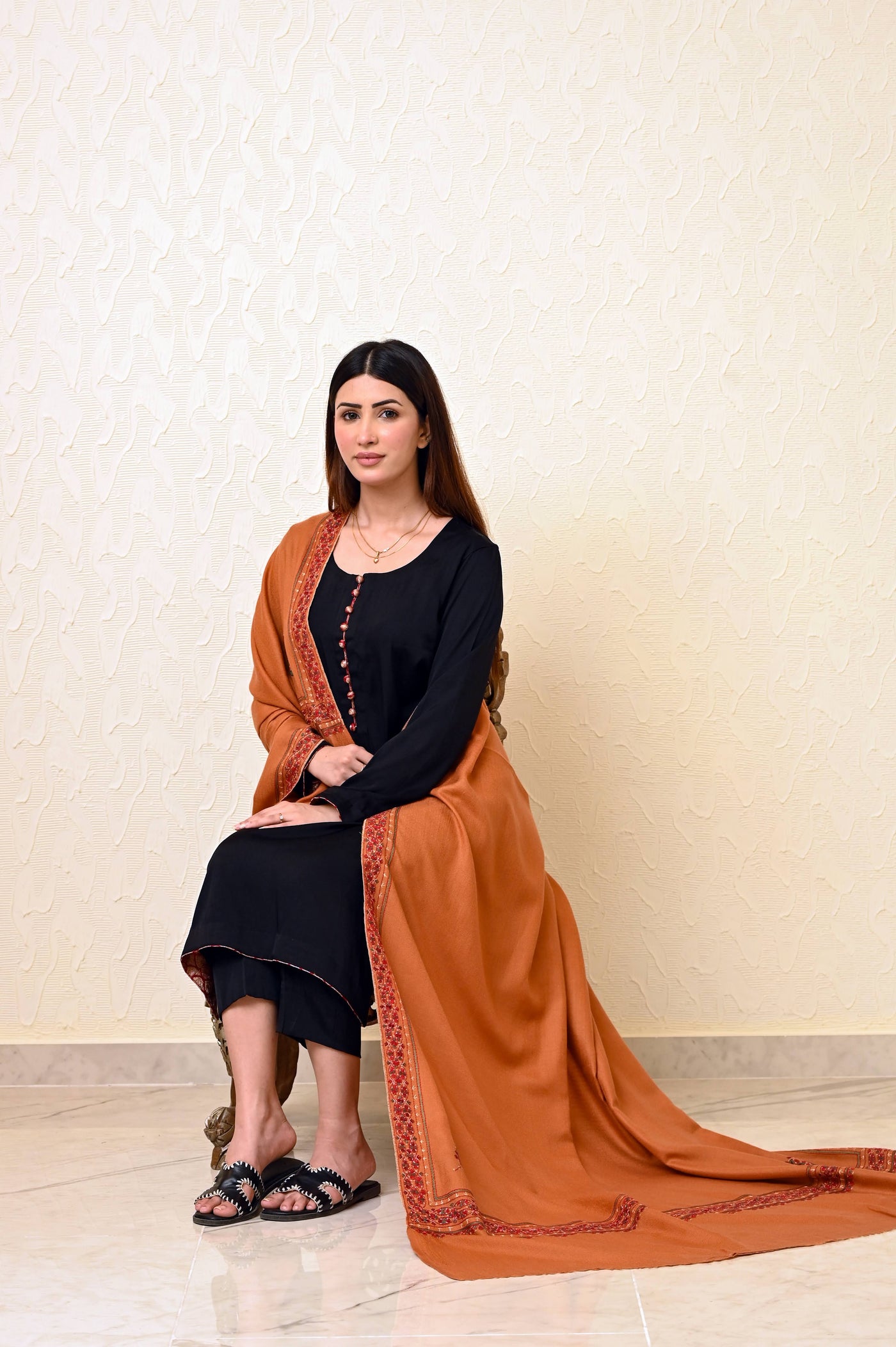 Black Silk 2-Piece Suit with Jamavar Detailing & Optional Mustard Pashmina Shawl
