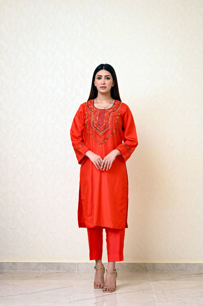 Chinese Embossed Silk Suit with Embroidered Neck & Sleeves and Pure Chiffon Tie-Dye Dupatta