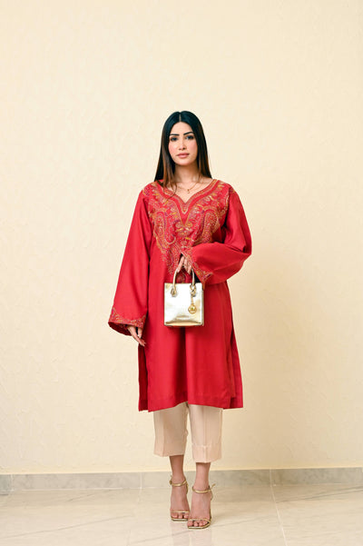 Rust Marina Kashmiri Feran with Heavy Neck Embroidery