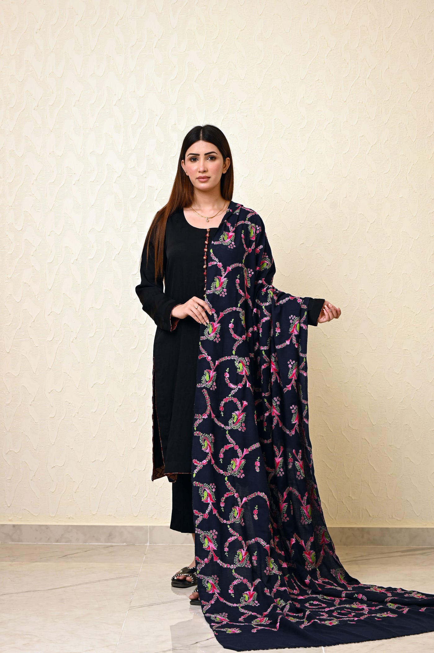 Navy Blue Kashmiri Jaal Work Shawl