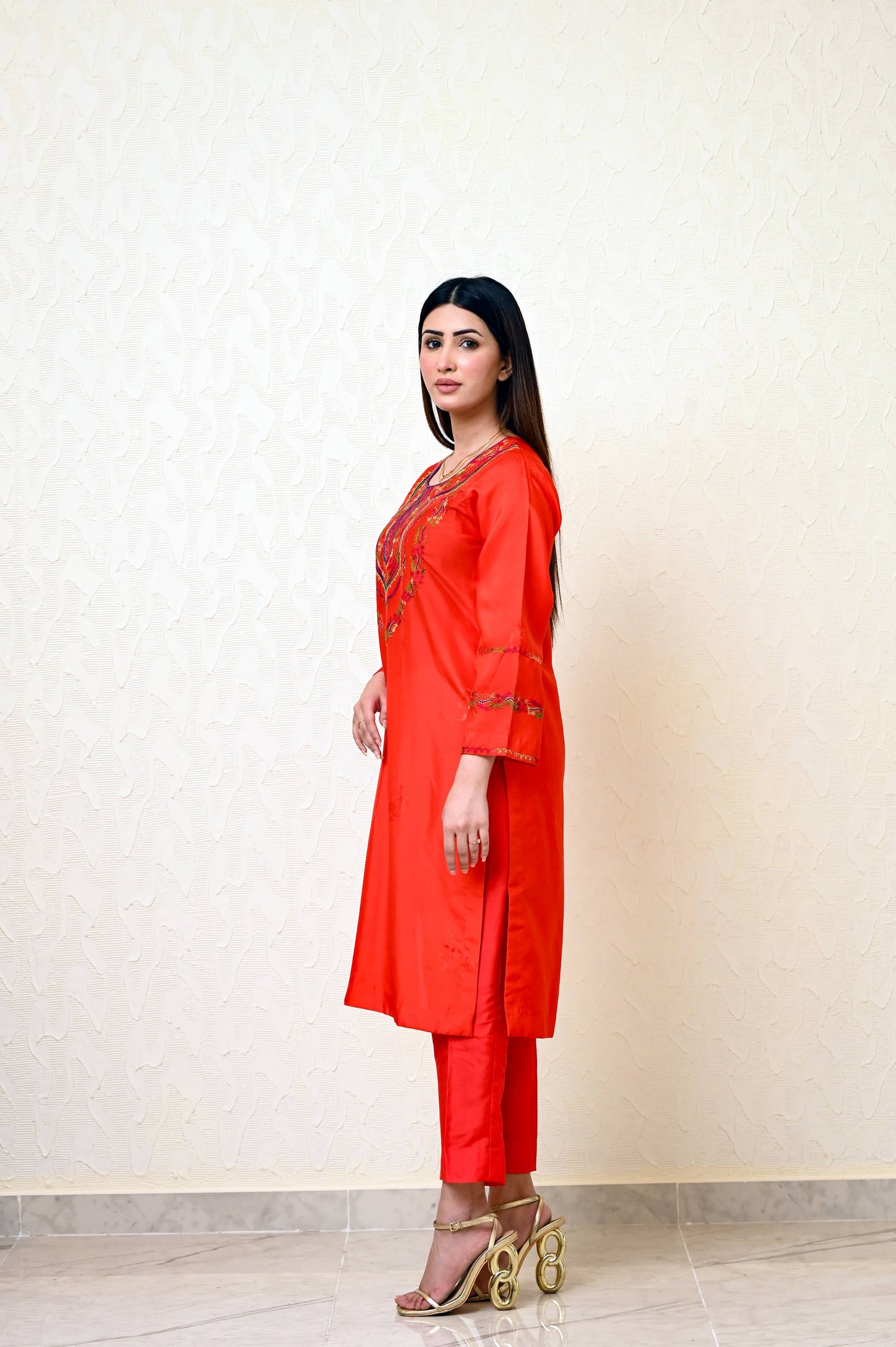 Chinese Embossed Silk Suit with Embroidered Neck & Sleeves and Pure Chiffon Tie-Dye Dupatta