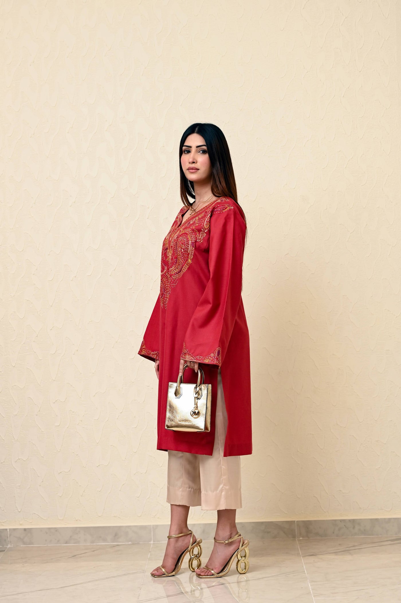 Rust Marina Kashmiri Feran with Heavy Neck Embroidery