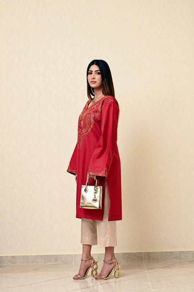 Rust Marina Kashmiri Feran with Heavy Neck Embroidery