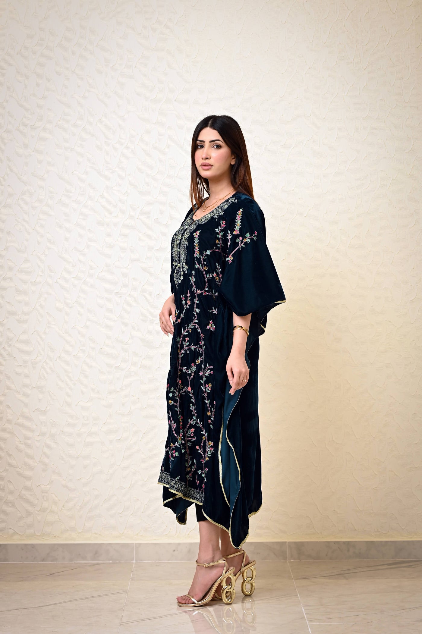 Moss Green Velvet Kaftan with Full Jaal Kashmiri Embroidery