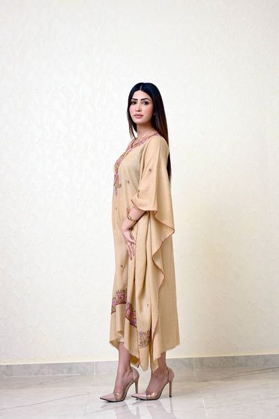 Beige Pashmina Kaftan with Kashmiri Embroidery