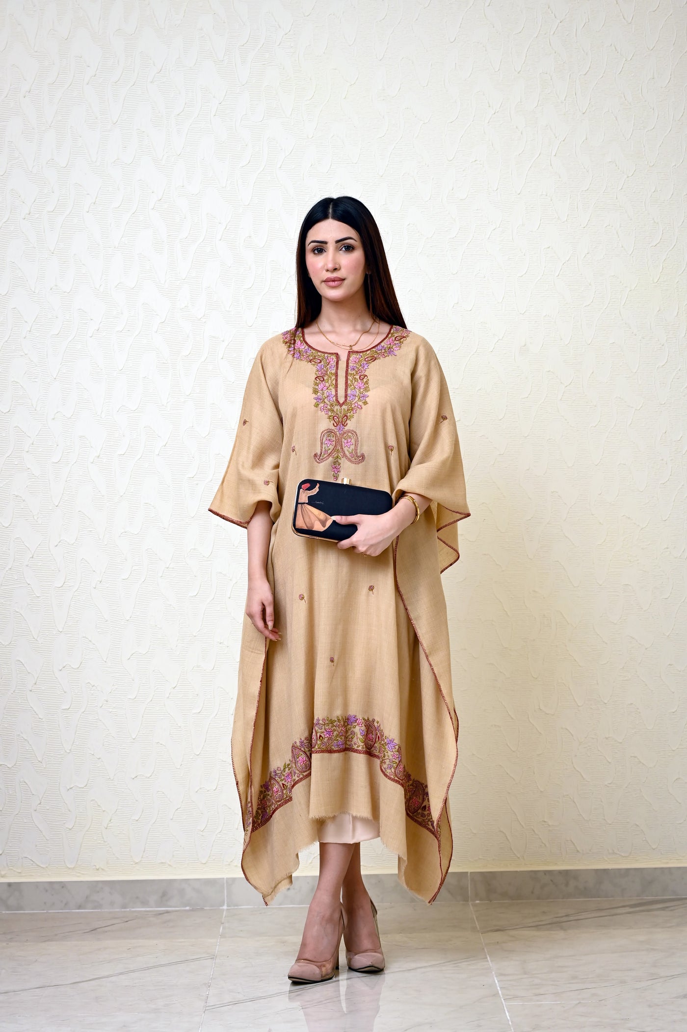 Beige Pashmina Kaftan with Kashmiri Embroidery