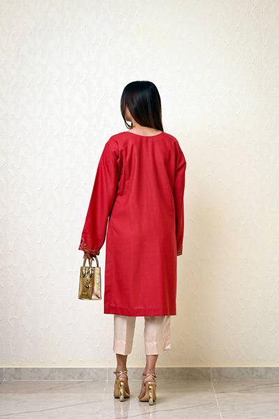 Rust Marina Kashmiri Feran with Heavy Neck Embroidery