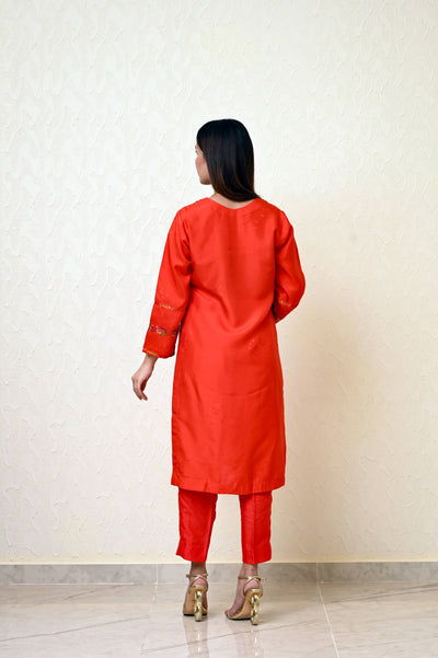 Chinese Embossed Silk Suit with Embroidered Neck & Sleeves and Pure Chiffon Tie-Dye Dupatta