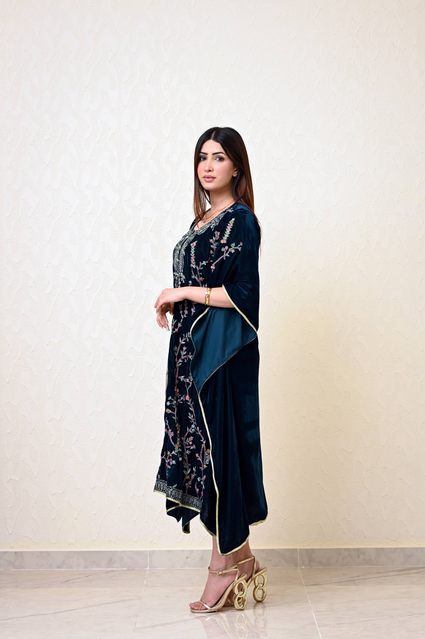 Moss Green Velvet Kaftan with Full Jaal Kashmiri Embroidery