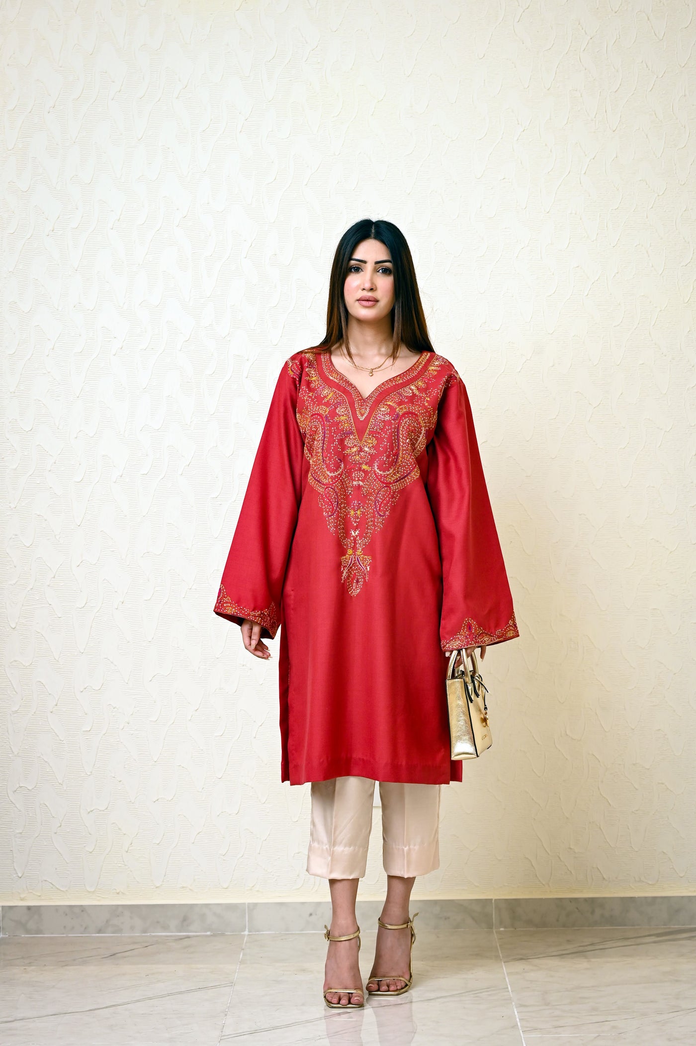 Rust Marina Kashmiri Feran with Heavy Neck Embroidery