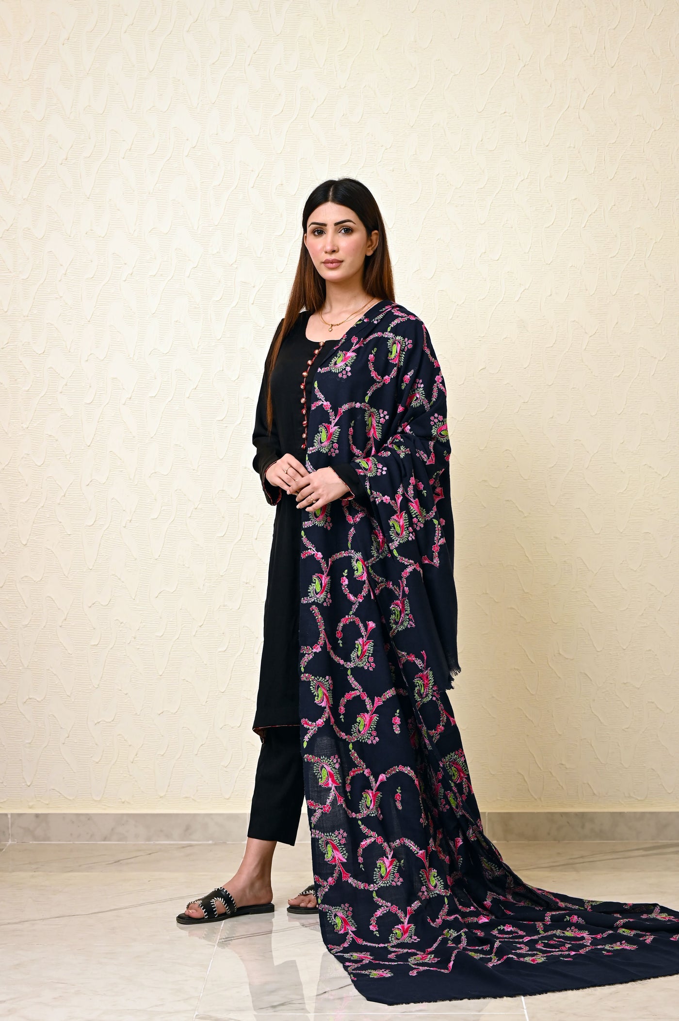 Navy Blue Kashmiri Jaal Work Shawl