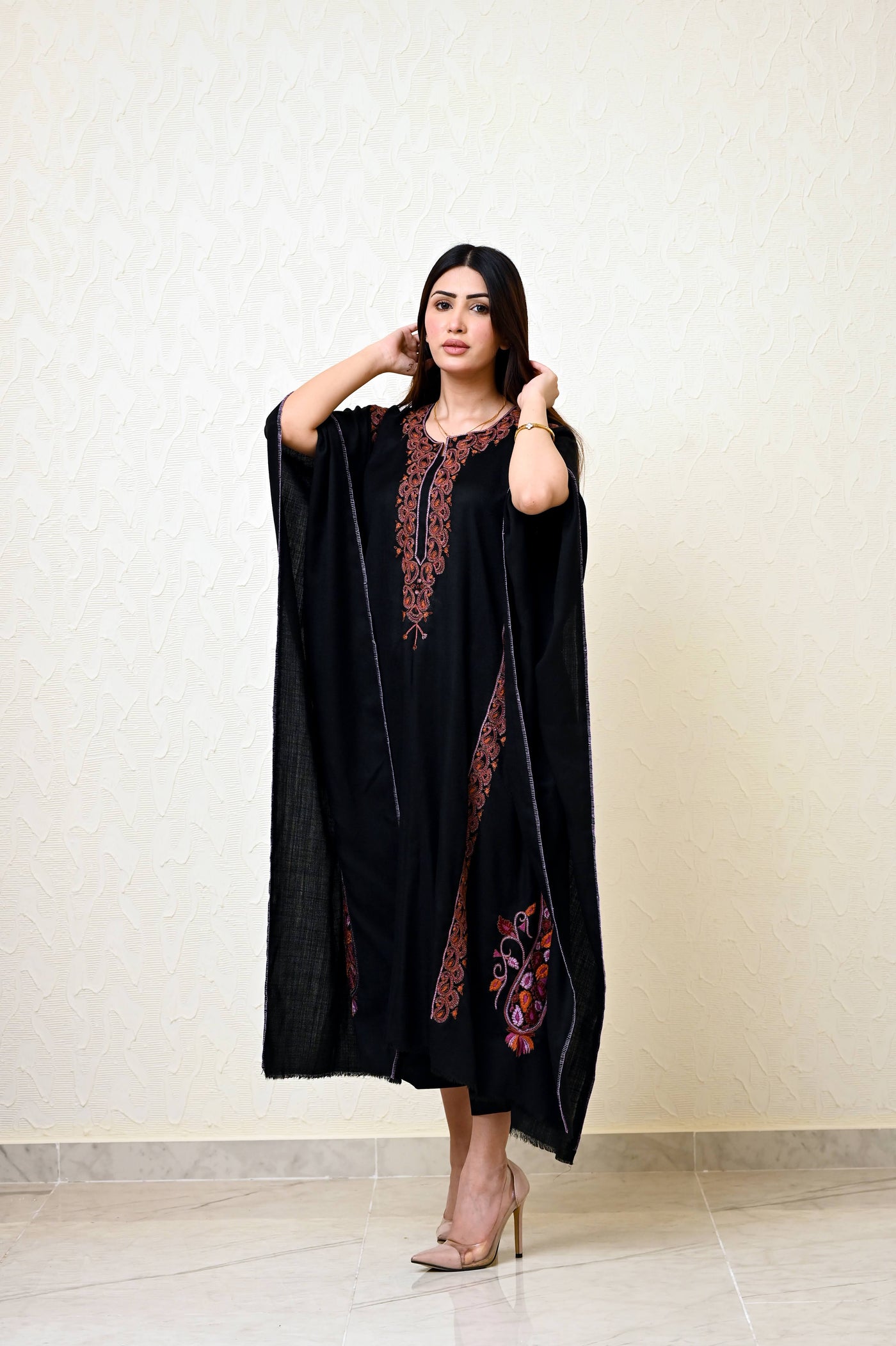 Black Pashmina Kaftan with Heavy Kashmiri Embroidery
