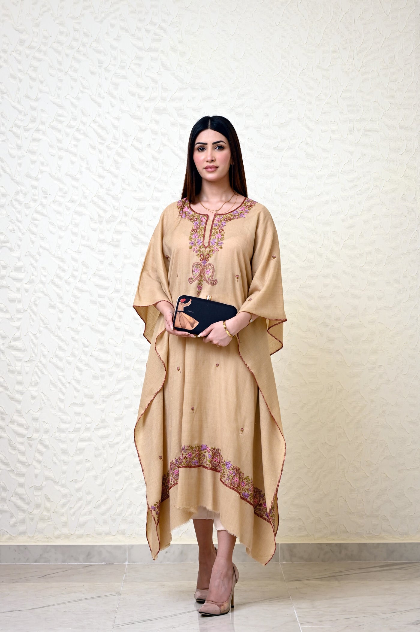 Beige Pashmina Kaftan with Kashmiri Embroidery