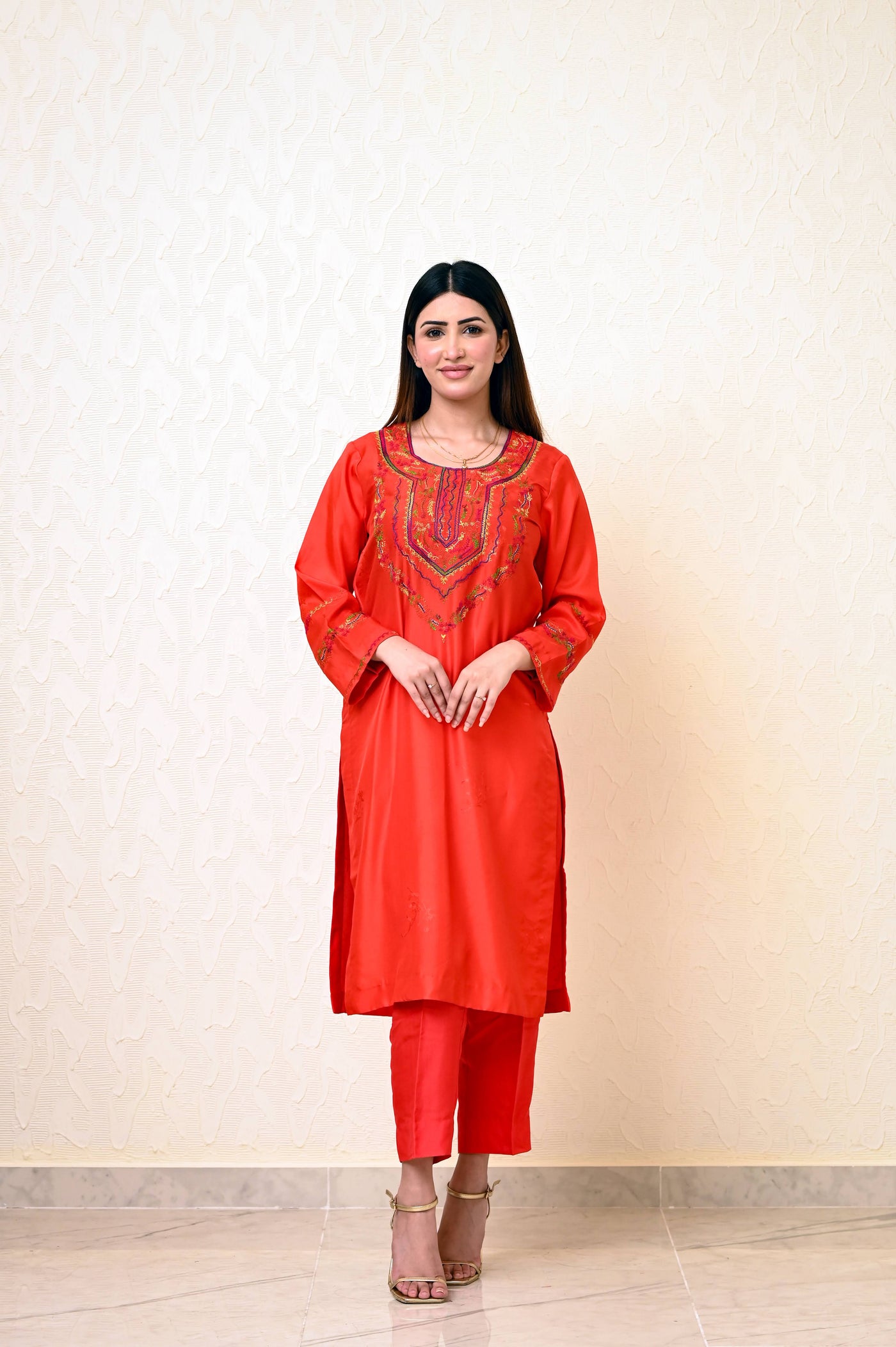 Chinese Embossed Silk Suit with Embroidered Neck & Sleeves and Pure Chiffon Tie-Dye Dupatta